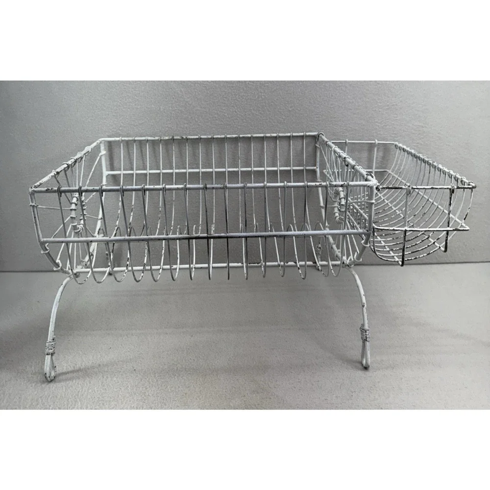 French Style Dish Rack White Wire Metal Farmhouse Counter Drying Rack VTG - Picture 12 of 13